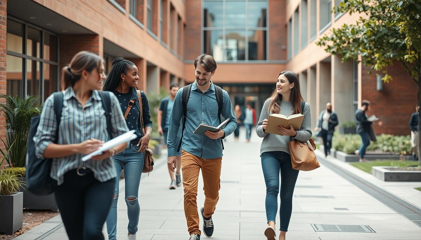 Students studying together in modern classroom
